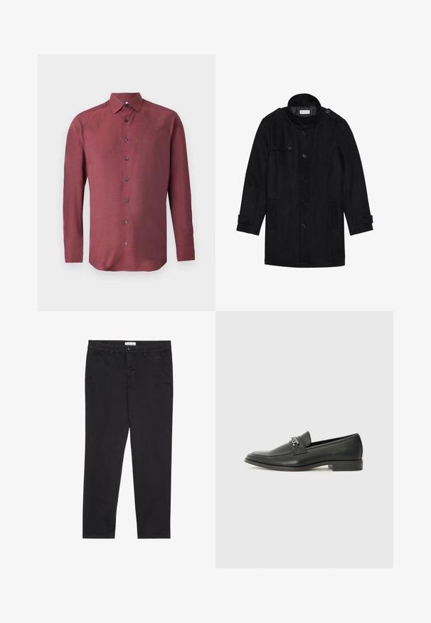 Cappotto in lana nera con colletto alto, chiusura frontale con bottoni, due tasche laterali e dettagli con bottoni sulle maniche. Design minimalista e texture liscia.; Camicia a maniche lunghe, con bottoni, in tessuto bordeaux con un motivo testurizzato e bottoni blu scuro; presenta un colletto punta e un orlo dritto.; Pantaloni neri in cotone con vestibilità slim, dotati di due tasche laterali e chiusura anteriore con bottone. Tessuto testurizzato con dettagli sottili.; Mocassino in pelle nera con finitura liscia, caratterizzato da un design cucito e da un accento decorativo in catena metallica sul vamp. Tacco piatto.