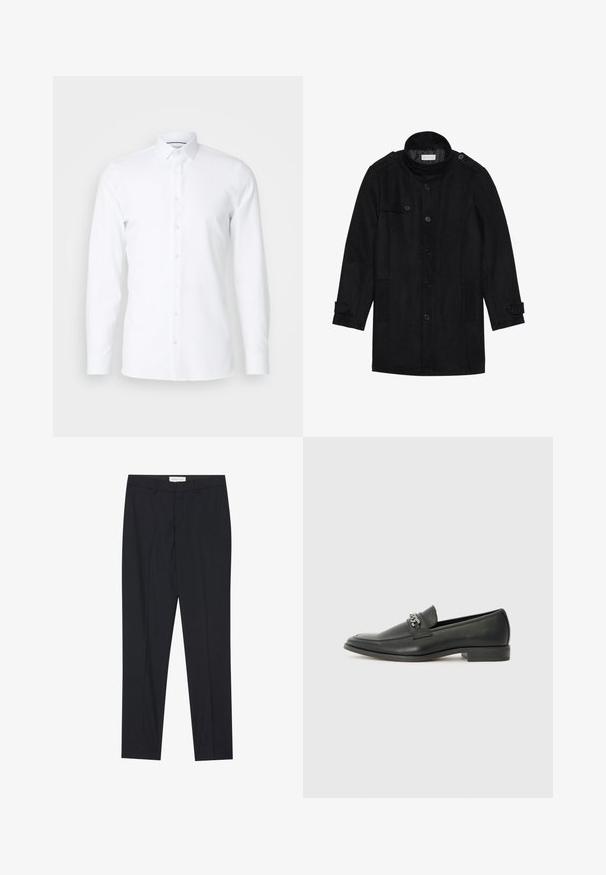 Juodas vilnonis paltas su aukštu apykakle, užsegamas priekyje, turi dvi šonines kišenes ir mygtukų akcentus rankovėse. Minimalistinio dizaino ir sklandžios tekstūros.; Balta ilga rankovė suknelė marškinių, pagaminta iš lygaus audinio, su smailiu apykaklės dizainu ir mygtukų užsegimu priekyje. Be raštų ar papuošimų.; Juodos pritaikytos kelnės su lygia priekine dalimi, standartinio kirpimo, pagamintos iš lygios medžiagos, su prispaustomis raukinėmis ir šoninėmis kišenėmis.; Juodos odinės loafer tipo bateliai su lygiu paviršiumi, turintys siuvinėtą dizainą ir dekoratyvų metalo grandinėlės akcentą ant batų viršaus. Plokščias kulnas.