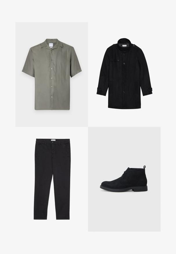 Svart ullfrakk med høy krage, knappet front, to sidelommer og knappeaksenter på ermene. Minimalistisk design og glatt tekstur.; Kortermet skjorte med knapper i dempet olivengrønn stoff. Har klassisk krage, syv frontknapper, og en avslappet passform. Glatt tekstur.; Sorte bomullbukser med smal passform, med to sidelommer og knappelukking foran. Teksturert stoff med subtile detaljer.; Sorte semskede ankelstøvler med rund tå, snørelukking og en strukturert gummisåle. Har en liten løkke bak.