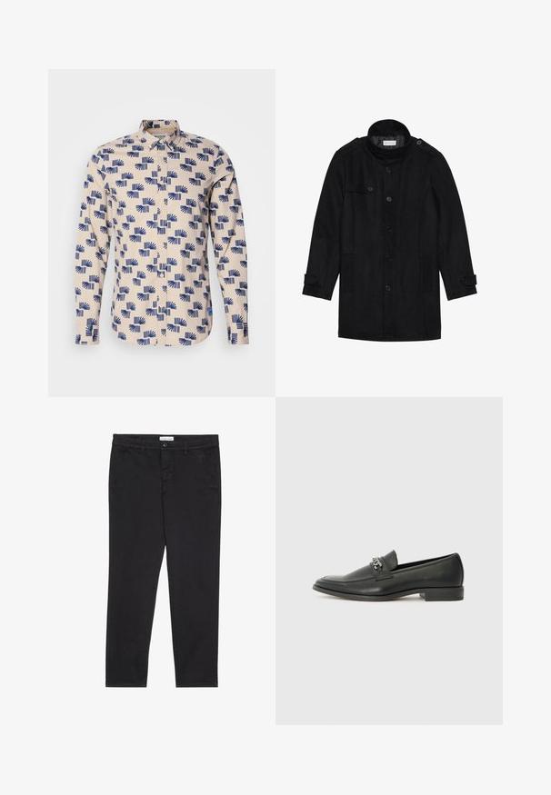 Črn volnen plašč z visokim ovratnikom, gumbom spredaj, dvema stranskima žepoma in gumbnimi akcenti na rokavih. Minimalistična zasnova in gladka tekstura.; Srajca z dolgimi rokavi in gumbi v svetli bež barvi, ki ima modri geometrijski vzorec. Narejena iz lahkotnega materiala z ovratnikom in standardnim krojem.; Črne bombažne hlače s slim fit krojem, z dvema stranskima žepoma in sprednjim gumbom za zapiranje. Teksturirano blago z nežnimi detajli.; Črni usnjeni loafer z gladko površino, ki ima šivano zasnovo in dekorativni kovinski verižni naglas preko vampirja. Ravno peto.