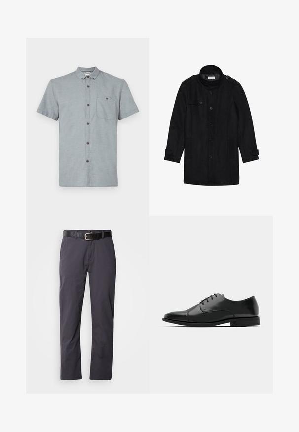 Czarny wełniany płaszcz z wysokim kołnierzem, zapinany na guziki, z dwoma bocznymi kieszeniami i guzikami na rękawach. Minimalistyczny design i gładka tekstura.; Koszula na krótki rękaw, z kołnierzykiem, w jasnoszarym materiale z teksturowanym wzorem. Posiada kieszeń na piersi i ciemne guziki.; Czarne bawełniane spodnie o prostym kroju, z dwoma przednimi kieszeniami i paskiem. Materiał ma gładką teksturę i matowe wykończenie.; Czarne skórzane buty do garnituru z okrągłym noskiem, sznurowanym zapięciem, subtelnymi detalami przeszycia oraz niskim obcasem. Gładka faktura z polerowanym wykończeniem.