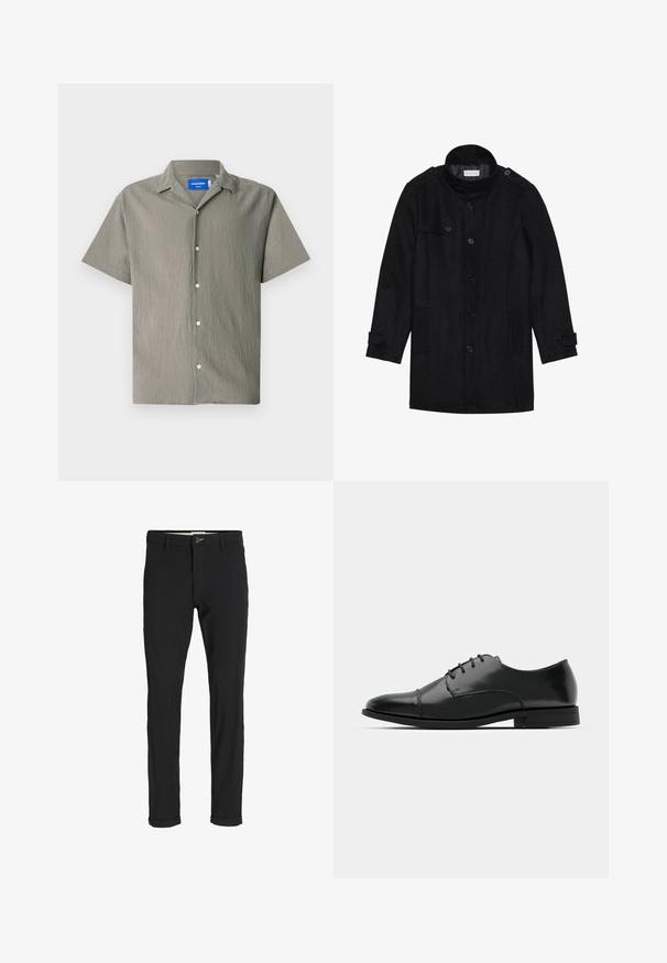 Juodas vilnonis paltas su aukštu apykakle, užsegamas priekyje, turi dvi šonines kišenes ir mygtukų akcentus rankovėse. Minimalistinio dizaino ir sklandžios tekstūros.; Tamsiai žalios spalvos trumpomis rankovėmis marškiniai su tekstūruotu paviršiumi, turintys apykaklę ir priekinį mygtukų užsegimą. Įtraukti šviesios spalvos mygtukai.; Juodi medvilnės mišiniai kelnės su siauru siluetu, su mygtuko uždarymu, kišenėmis ir sukamučiais galais, suteikiančiais laisvalaikio stilių.; Juodas odinis džinsinis batų modelis su apvaliu galiuku, raišteliu ir subtiliomis siūlėmis, taip pat žemu kulnu. Lygus pavirčius su blizgiu apdaila.