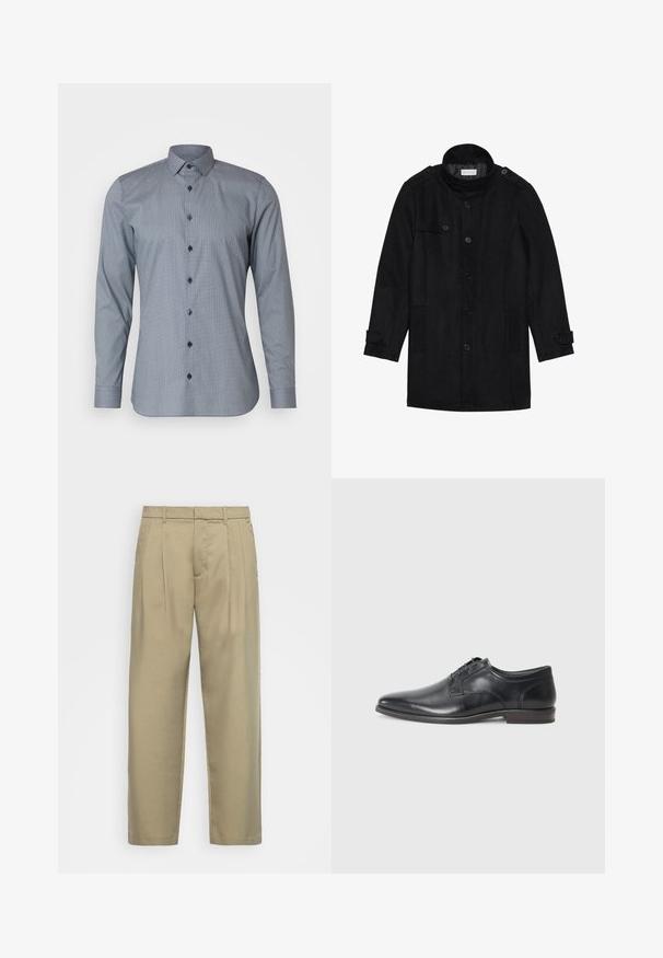 Svart ullfrakk med høy krage, knappet front, to sidelommer og knappeaksenter på ermene. Minimalistisk design og glatt tekstur.; OLYMP No. Six Skjorte - marine; Beige, høytlivs bukser med rett snitt, med flat front, sidelommer og et jevnt, strukturert stoff.; Svarte skinnsko med spiss tå, lav hæl og fem hull for snøring. Har glatt tekstur og minimale sømdetaljer.