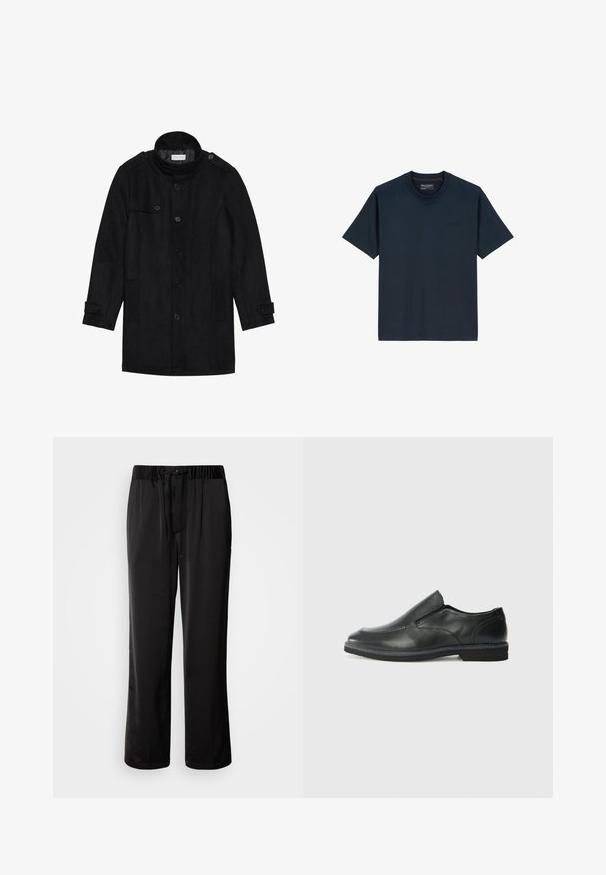 Zwarte wollen jas met een hoge kraag, knoopsluiting aan de voorkant, twee zijzakken en knoopaccenten op de mouwen. Minimalistisch ontwerp en een gladde textuur.; Marineblauw T-shirt van zacht katoen, met een ronde hals, korte mouwen en een subtiele logodetail op de voorkant. Naadloos ontwerp.; Zwarte, loszittende broeken met een elastische tailleband en een verstelbaar koord. Glad materiaal met zijnaaddetails, geen zakken.; Zwarte leren instapper met een soepele bovenkant, gestikte accenten, ronde neus en een lage rubberen hak. De zool heeft minimale profiel.