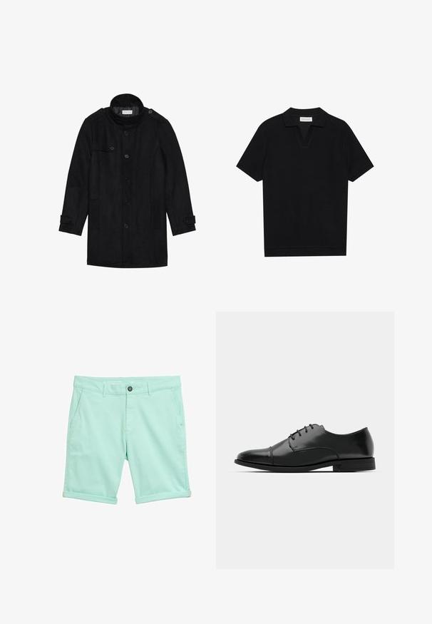 Čierny vlnený kabát s vysokým golierom, zapínaním na gombíky vpredu, dvoma bočnými vreckami a gombíkovými detailmi na rukávoch. Minimalistický dizajn a hladká textúra.; Čierna polo tričko s krátkymi rukávmi, vyrobené z textúrovaného, rebrovaného materiálu, s véčkovým výstrihom a rovnými okrajmi. Bez viditeľných log a vzorov.; Svetlé tyrkysové šortky vyrobené z ľahkej látky, s gombíkovým zapínaním, dvoma prednými vreckami a ušitými manžetami pre pohodlný strih.; Čierne kožené spoločenské topánky s okrúhlou špičkou, šnurovací dizajn, jemné prešívanie a nízky podpätok. Hladká štruktúra s lesklým povrchom.