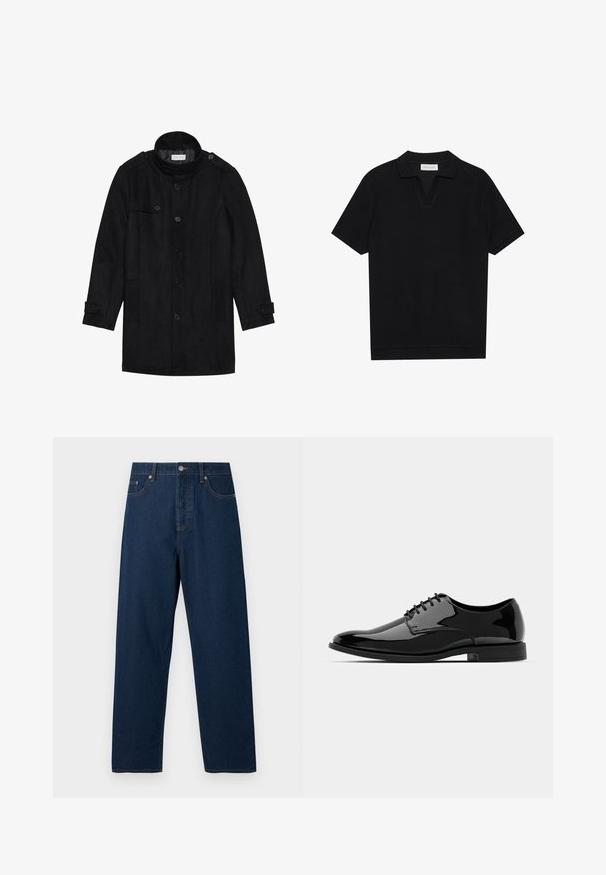 Sort uldfrakke med høj krave, knaplukning foran, to sidelommer og knapdetaljer på ærmerne. Minimalistisk design og glat tekstur.; Sort kortærmet polo skjorte med en tekstureret, ribbede stof, der har en v-halsudskæring og en lige kant. Ingen synlige logoer eller mønstre.; Mørkeblå denim jeans med lige snit, fem lommer og knaplukning. Har kontrastsy, og en klassisk linning.; Sort lakeret dresssko med en afrundet tå, snørebåndsdesign og glat, skinnende overflade. Har en lavprofils gummisål.