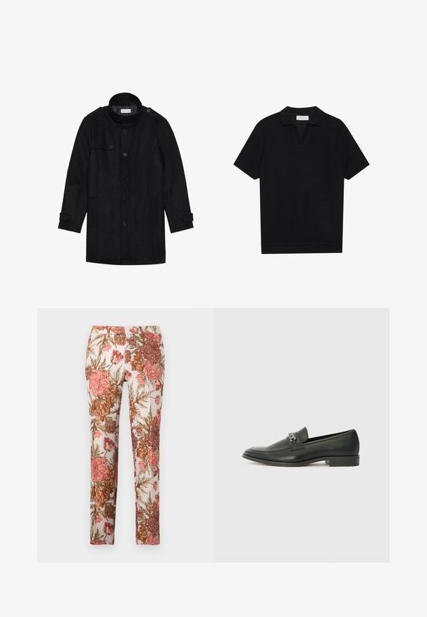 Μαύρο μάλλινο παλτό με ψηλό γιακά, κουμπωτό μπροστινό μέρος, δύο πλαϊνές τσέπες και λεπτομέρειες από κουμπιά στα μανίκια. Μινιμαλιστικός σχεδιασμός και λείος υφάσματος.; Μαύρο κοντομάνικο polo με υφή από ριμπ ύφασμα, διαθέτοντας V-λαιμό και ευθεία ραφή. Χωρίς ορατά λογότυπα ή σχέδια.; Λουλουδάτα παντελόνια από ελαφρύ ύφασμα, με ροζ, κόκκινο και καφέ λουλουδάτο σχέδιο που συνδυάζεται με πράσινο φυλλώμα, κανονική εφαρμογή και μέση μεσαίου ύψους.; Μαύρη δερμάτινη λοφάρα με λείο φινίρισμα, που διαθέτει ραμμένο σχέδιο και διακοσμητική μεταλλική αλυσίδα πάνω από το μπροστινό μέρος. Χαμηλή φτέρνα.