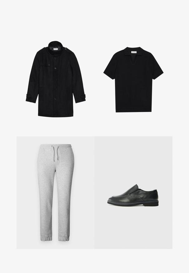 Melna vilnas mēteli ar augstu apkakli, ar pogām aizdara priekšpusi, divām sānu kabatām un pogu akcentiem uz piedurknēm. Minimālistisks dizains un gluda tekstūra.; Melns īsām piedurknēm polo krekls ar teksturētu, ribotu audumu, ar V veida kakla izgriezumu un taisnu apakšmalu. Bez redzamām emblēmām vai rakstiem.; Pelēkas sporta bikses, kas izgatavotas no mīksta auduma, ar elastīgu jostu ar auklu, elastīgām piedurknēm un gludu tekstūru.; Melnas ādas slip-on kurpes ar gludu augšdaļu, izšūtām akcentiem, noapaļotu purngala daļu un zemu gumijas papēdi. Zole ar minimālu rakstu.