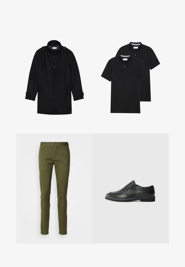 Schwarzer Wollmantel mit hohem Kragen, knöpfbarem Frontverschluss, zwei Seitentaschen und Knopfakzenten an den Ärmeln. Minimalistisches Design und glatte Textur.; Zwei schwarze Polohemden, kurzärmlig, aus Baumwolle, mit einem klassischen Kragen, zwei Knöpfen und weißen Streifenakzenten im Inneren des Kragens.; Olivgrüne Chinos aus einem Baumwollmischgewebe, mit geradem Schnitt, Reißverschluss und frontalen Taschen. Glatte Textur mit minimaler Gestaltung.; Schwarze Leder-Slipper mit glattem Obermaterial, gesteppten Akzenten, runder Zehenpartie und niedrigem Gummiabsatz. Die Sohle hat ein minimales Profil.
