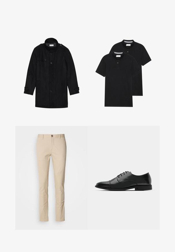 Fekete gyapjú kabát magas gallérral, gombos elülső résszel, két oldalsó zsebbel és gombdíszítéssel az ujjakon. Minimalista dizájn és sima textúra.; Két fekete pólóing, rövid ujjú, pamut anyagból készült, klasszikus gallérral, két gombos gombolással, és fehér csíkos díszítéssel a gallér belső részén.; Beige vászon nadrág slim fit szabással, gombos záródással, finom textúrával és standard zsebekkel. Egyszerű dizájn, nélküli minták vagy díszítések.; Fekete bőr férfi dresszcipő, lekerekített orral, fűzős kialakítással, diszkrét varrási részletekkel és alacsony sarokkal. Simább felület, fényes kivitel.