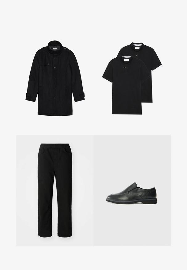 Black wool coat with a high collar, buttoned front, two side pockets, and button accents on sleeves. Minimalist design and smooth texture.; Two black polo shirts, short-sleeved, cotton material, featuring a classic collar, two-button placket, and white striped accents inside the collar.; Black cotton trousers with a relaxed fit, elastic waistband, two front pockets, and straight legs. Smooth texture with no visible patterns.; Black leather slip-on shoe with a smooth upper, stitched accents, rounded toe, and a low rubber heel. Sole features minimal tread.