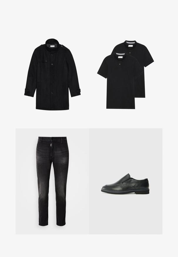 Crni vuneni kaput s visokim ovratnikom, dugmadi sprijeda, dva bočna džepa i dugmad na rukavima. Minimalistički dizajn i glatka tekstura.; Dva crna polo majice, kratki rukavi, pamučni materijal, sa klasičnom ovratnikom, čepom sa dva gumba i bijelim prugastim detaljima unutar ovratnika.; Crne traperice ravnog kroja, s kopčanjem na gumbe, pet džepova i suptilnim blijeđenjem u teksturi tkanine.; Crne kožne cipele na sklapanje s glatkom gornjom površinom, prošivenim detaljima, zaobljenim vrhom i niskim gumene potplate. Potplat ima minimalne uzorke.