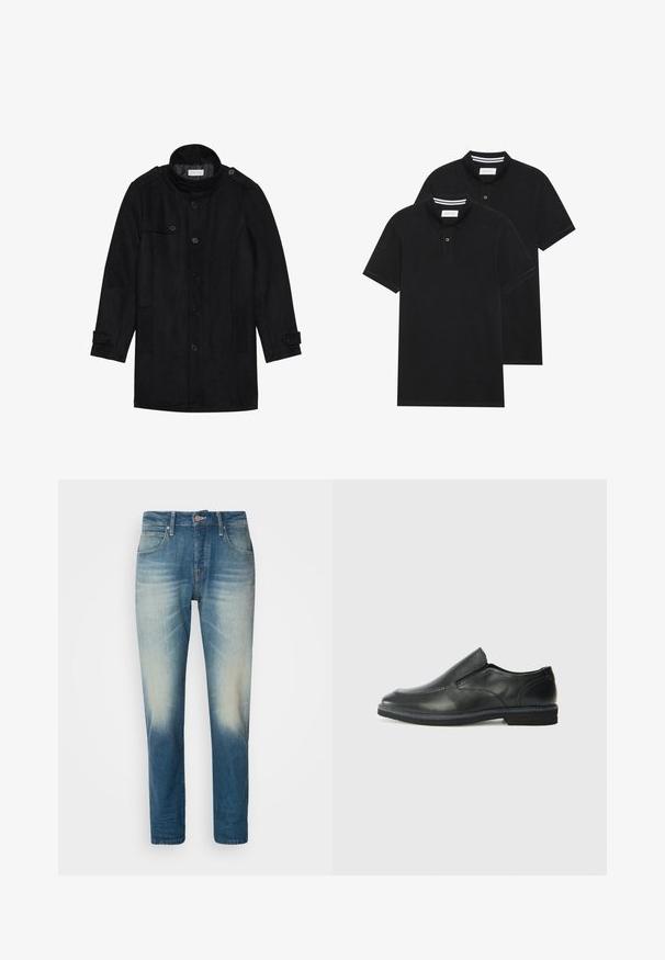 Svart ullfrakk med høy krage, knappet front, to sidelommer og knappeaksenter på ermene. Minimalistisk design og glatt tekstur.; To svarte polo skjorter, kortermet, i bomullsmateriale, med krage i klassisk stil, to-knapps knappestolpe, og hvite striper inni kragen.; Lys blå jeans i denim med en falmet finish, fem lommer, knaplukning, lige ben-design og kontrastsyninger.; Sorte skinn slip-on sko med en jevn overflate, stikking detaljer, rund tå og en lav gummihæl. Sålen har minimal mønstring.
