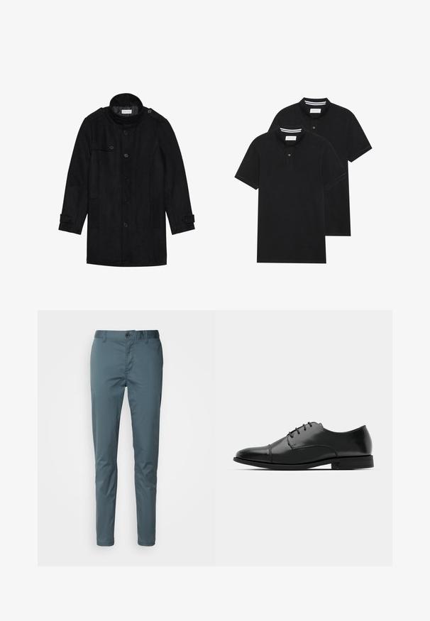 Svart ullfrakk med høy krage, knappet front, to sidelommer og knappeaksenter på ermene. Minimalistisk design og glatt tekstur.; To svarte polo skjorter, kortermet, i bomullsmateriale, med krage i klassisk stil, to-knapps knappestolpe, og hvite striper inni kragen.; Scotch & Soda ESSENTIALS STUART - Chinos - steel; Svart skinn dressko med avrundet tå, snøring, subtile sømdetaljer og lav hæl. Glatt tekstur med polert finish.