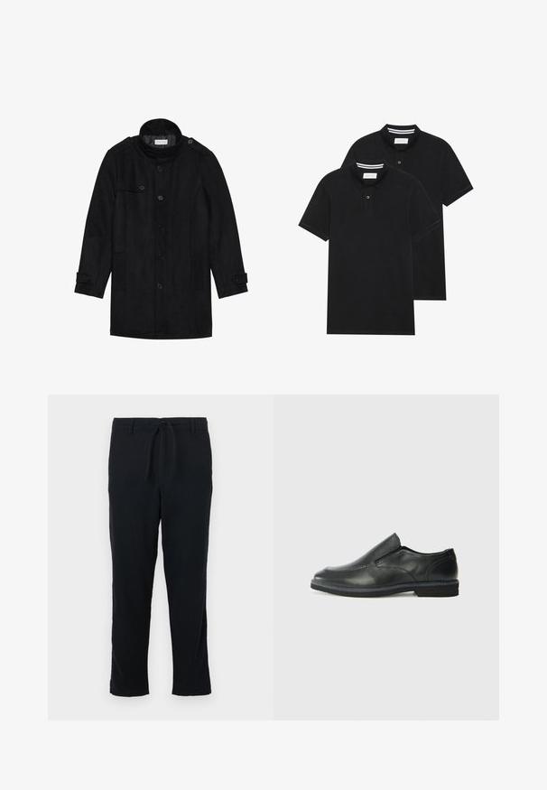 Casaco de lã preto com colarinho alto, frente de botões, dois bolsos laterais e detalhes em botão nas mangas. Design minimalista e textura suave.; Duas camisetas polo pretas, de manga curta, em material de algodão, com colarinho clássico, abertura com dois botões e detalhes em riscas brancas no interior do colarinho.; Calças pretas feitas de tecido macio, apresentando uma cintura com cordão, design de perna reta e barra simples sem bolsos ou adornos.; Sapato slip-on preto em pele com um upper liso, acabamentos cosidos, bico arredondado e um salto de borracha baixo. A sola apresenta um padrão de aderência mínimo.