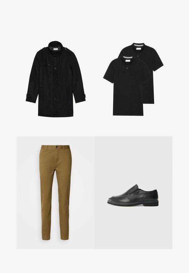 Černý vlněný kabát s vysokým límcem, zapínáním na knoflíky vpředu, dvěma bočními kapsami a knoflíkovými detaily na rukávech. Minimalistický design a hladká textura.; Dvě černé polokošile s krátkým rukávem z bavlny, s klasickým límcem, dvouknoflíkovou légou a bílými pruhovanými akcenty uvnitř límce.; Hnědé bavlněné kalhoty s rovný fit, s knoflíkovým zapínáním a poutky na opasek, hladká textura a žádné viditelné vzory nebo akcenty.; Černá kožená nazouvací bota s hladkým svrškem, prošívanými detaily, zaoblenou špičkou a nízkým gumovým podpatkem. Podešev má minimální vzorek.