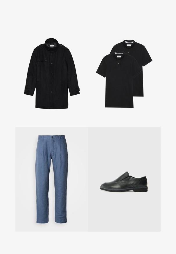 Μαύρο μάλλινο παλτό με ψηλό γιακά, κουμπωτό μπροστινό μέρος, δύο πλαϊνές τσέπες και λεπτομέρειες από κουμπιά στα μανίκια. Μινιμαλιστικός σχεδιασμός και λείος υφάσματος.; Δύο μαύρα πόλο πουκάμισα, κοντομάνικα, από βαμβακερό υλικό, με κλασικό γιακά, πατιλέτα με δύο κουμπιά και λευκές ριγέ λεπτομέρειες μέσα στον γιακά.; Αναβαθμισμένο καλοκαιρινό παντελόνι από ελαφρύ μπλε λινό, με ευθύ κομμάτι, κλείσιμο με κουμπί, πιέτες στη μέση και απαλή υφή.; Μαύρο δερμάτινο παπούτσι χωρίς κορδόνια με λείο επάνω μέρος, ραφές, στρογγυλή μύτη και χαμηλό λάστιχο τακούνι. Η σόλα διαθέτει ελάχιστο σχέδιο.