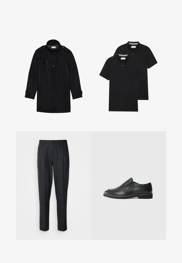 Must musternahk, millel on kõrge krae, nööpidega esiosa, kaks küljetaskut ja nööpdetailid varrukatel. Minimalistlik disain ja sile tekstuur.; Kaks musta polo särki, lühikeste varrukatega, puuvillane materjal, klassikalise kraega, kahe nupuga kinnitusega, valgete triipudega krae sisepinnal.; Tumed hallid püksid, millel on õhukesed vertikaalsed triibud; omaduseks nupuga kinnitamine ja volditud esiosa disain.; Must musta laia suuga king, millel on sile ülemine osa, õmmeldud detailid, ümmargune nina ja madal kummist konts. Tallal on minimaalne mustr.