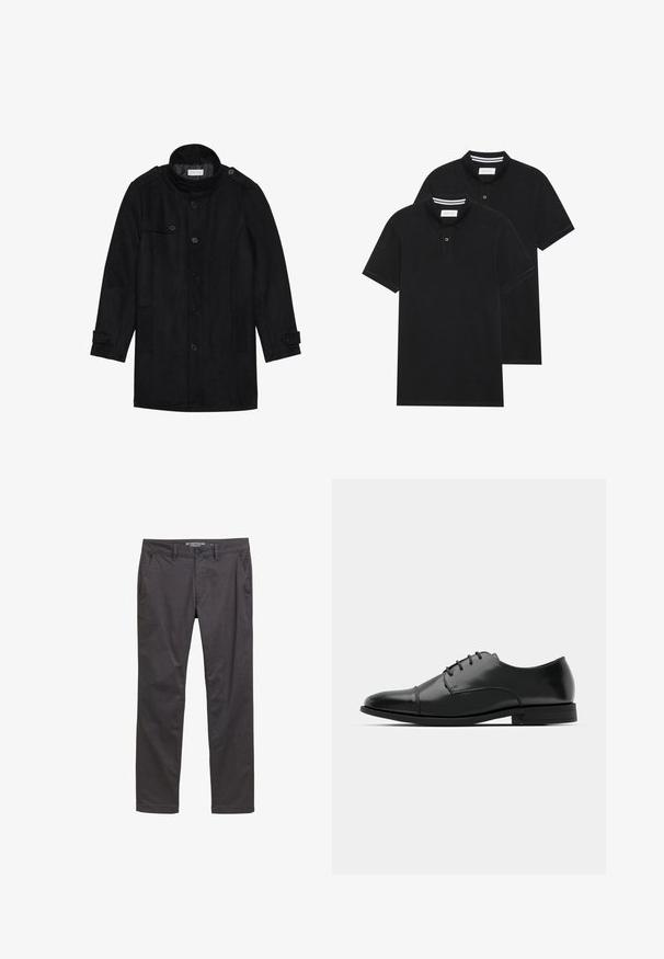 Črn volnen plašč z visokim ovratnikom, gumbom spredaj, dvema stranskima žepoma in gumbnimi akcenti na rokavih. Minimalistična zasnova in gladka tekstura.; Dve črne polo majice, kratke rokave, iz bombažnega materiala, z klasik ovratnikom, dvobodno zaponko in belimi črtkami znotraj ovratnika.; Temno sivi chinos z gladko teksturo, ki vključujejo dva stranska žepa, en zadnji žep in gumbasto zapiranje v pasu.; Črne usnjene moške čevlje z zaobljenim nosom, s sistemom vezalk, diskretnimi šivi in nizkih petah. Gladka tekstura s sijočim zaključkom.
