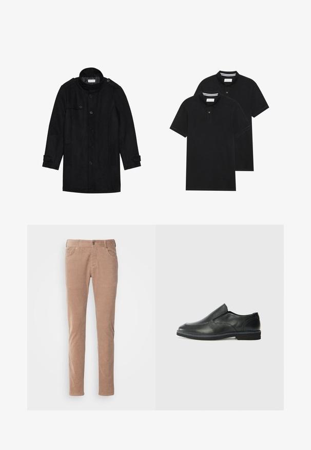 Palton negru din lână cu guler înalt, închidere prin butoane, două buzunare laterale și detalii cu butoane pe mâneci. Design minimalist și textură netedă.; Două tricouri polo negre, cu mânecă scurtă, din material de bumbac, având un guler clasic, deschidere cu două butoane și accente albe cu dungi în interiorul gulerului.; Pantaloni din catifea ușor maro, cu un design drept, având două buzunare frontale, închidere cu nasture și o textură moale cu dungi.; Pantof de piele neagră, tip slip-on, cu un superior neted, accente cusute, vârf rotunjit și un toc jos din cauciuc. Talpa are un profil minim de aderență.