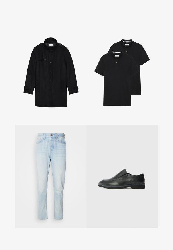 Must musternahk, millel on kõrge krae, nööpidega esiosa, kaks küljetaskut ja nööpdetailid varrukatel. Minimalistlik disain ja sile tekstuur.; Kaks musta polo särki, lühikeste varrukatega, puuvillane materjal, klassikalise kraega, kahe nupuga kinnitusega, valgete triipudega krae sisepinnal.; Heledad sinine teksade püksid, millel on sirge lõige, viie taskuga disain ja nööbiga sulgemine vööl, veidi pleekinud piirkondadega.; Must musta laia suuga king, millel on sile ülemine osa, õmmeldud detailid, ümmargune nina ja madal kummist konts. Tallal on minimaalne mustr.