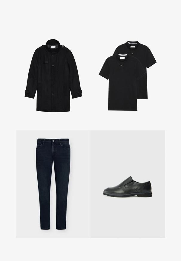 Casaco de lã preto com colarinho alto, frente de botões, dois bolsos laterais e detalhes em botão nas mangas. Design minimalista e textura suave.; Duas camisetas polo pretas, de manga curta, em material de algodão, com colarinho clássico, abertura com dois botões e detalhes em riscas brancas no interior do colarinho.; Jeans de ganga azul escuro com um corte slim, design de cinco bolsos, fecho de botão e desgaste mínimo. Frente lisa e aberturas de perna estreitas.; Sapato slip-on preto em pele com um upper liso, acabamentos cosidos, bico arredondado e um salto de borracha baixo. A sola apresenta um padrão de aderência mínimo.