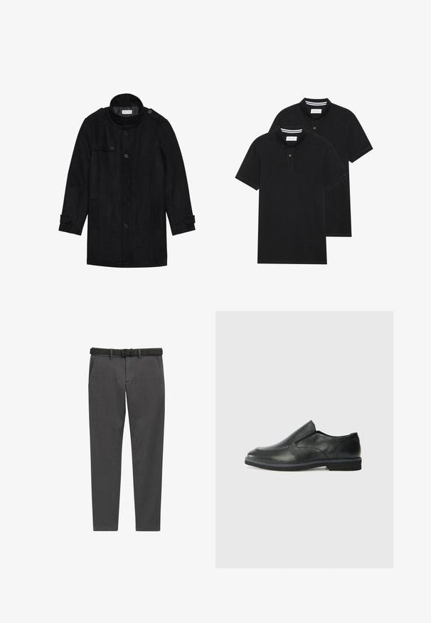 Sort uldfrakke med høj krave, knaplukning foran, to sidelommer og knapdetaljer på ærmerne. Minimalistisk design og glat tekstur.; To sorte polo T-shirts, kortærmede, lavet af bomuldsstof, med en klassisk krave, to-knaps placket og hvide stribede detaljer indeni kraven.; Grå bukser lavet af vævet stof, med lige skæring, sidelommer og et sort læderbælte med en sølvspænde.; Sorte læder slip-on sko med en glat overdel, syede detaljer, rund tå og en lav gummihæl. Sålen har minimal profil.
