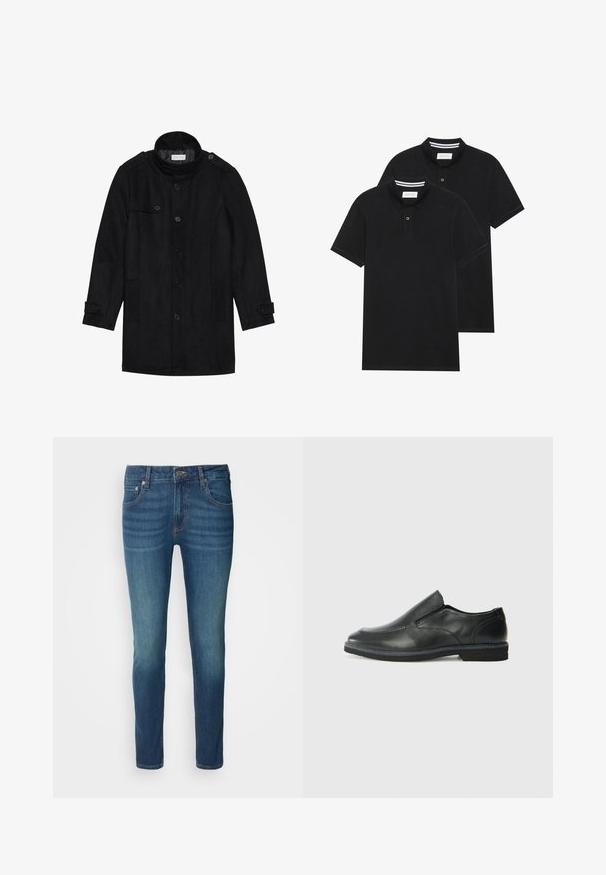 Juodas vilnonis paltas su aukštu apykakle, užsegamas priekyje, turi dvi šonines kišenes ir mygtukų akcentus rankovėse. Minimalistinio dizaino ir sklandžios tekstūros.; Du žaidimų juodos polo marškiniai, trumpomis rankovėmis, pagaminti iš medvilnės, su klasikinėmis apykaklėmis, dviem mygtukais priekyje ir baltais dryžiais apykaklės viduje.; Tamsiai mėlyni džinsai, prigludusio kirpimo, su klasikinio penkių kišenių dizainu, metaliniu sagčių užsegimu ir šviesiu patinimu ant kojų.; Juodai odiniai įtvirtinimo batai su lygiu paviršiumi, siuvinėjimo akcentais, apvalia nosimi ir žemu guminiu kulnu. Pado raštas minimalus.