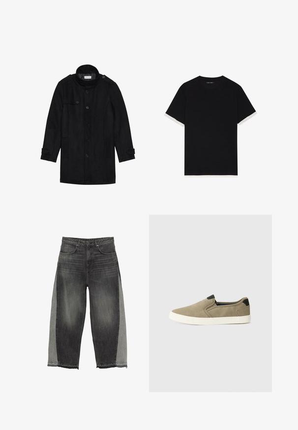 Čierny vlnený kabát s vysokým golierom, zapínaním na gombíky vpredu, dvoma bočnými vreckami a gombíkovými detailmi na rukávoch. Minimalistický dizajn a hladká textúra.; Čierne tričko s krátkym rukávom z textúrovanej látky, s bielymi akcentmi na manžetách. Okrúhly výstrih, voľný strih.; Široké nohavice z tmavošedej denimu s kontrastnými svetlošedými bočnými panelmi. Surové okraje zvýrazňujú jedinečný dizajn. Štýl s piatimi vreckami.; Hnedé nazúvacie topánky s textilným vrchom, kontrastným čiernym opätkom a bielou gumovou podrážkou. Perforovaný dizajn pre priedušnosť.
