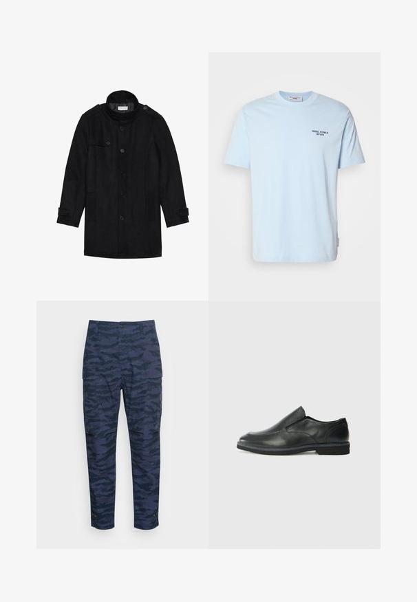 Casaco de lã preto com colarinho alto, frente de botões, dois bolsos laterais e detalhes em botão nas mangas. Design minimalista e textura suave.; T-shirt de algodão azul claro com gola redonda, apresentando mangas curtas e uma pequena impressão escura que diz "MARC O’POLO DENIM" no peito.; Denham NATO PANT - Calças cargo - dark blue; Sapato slip-on preto em pele com um upper liso, acabamentos cosidos, bico arredondado e um salto de borracha baixo. A sola apresenta um padrão de aderência mínimo.