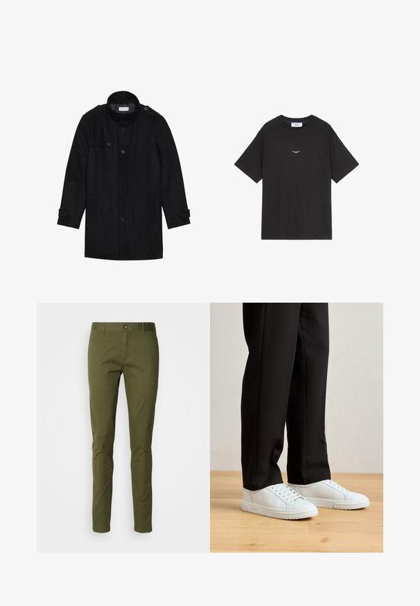 Juodas vilnonis paltas su aukštu apykakle, užsegamas priekyje, turi dvi šonines kišenes ir mygtukų akcentus rankovėse. Minimalistinio dizaino ir sklandžios tekstūros.; Juodas medvilninis marškinėliai su apvaliu kaklu ir trumpomis rankovėmis. Priekyje yra mažas baltas logotipo detalizavimas. Paprastas dizainas, laisvos formos.; Tamsiai žaliai chinos kelnės, pagamintos iš medvilnės mixtūros, tiesaus kirpimo, su užtrauktuku ir priekinių kišenių. Lygi tekstūra su minimaliu dekoravimu.; Balti odiniai sportbačiai su lygiais raišteliais, tekstūruotais guminiais padais ir paprastu dizainu. Suderinti su juodomis siaurėjančiomis kelnėmis, padėtose ant medinio grindų paviršiaus.