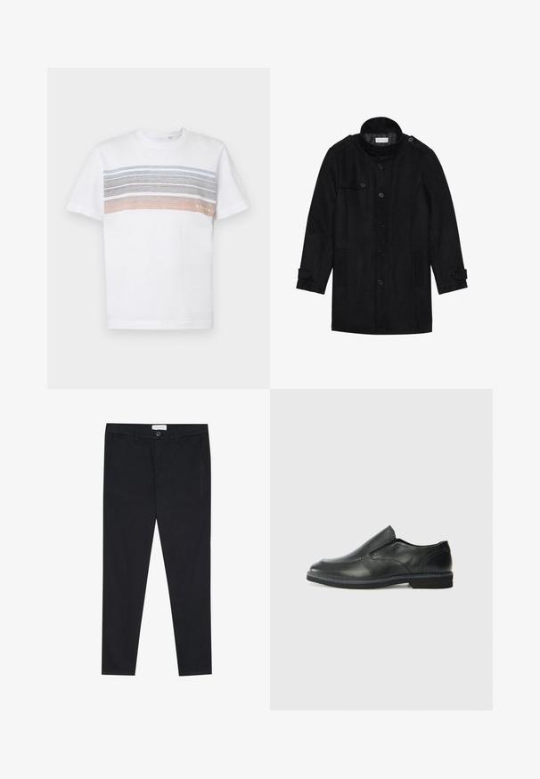 Zwarte wollen jas met een hoge kraag, knoopsluiting aan de voorkant, twee zijzakken en knoopaccenten op de mouwen. Minimalistisch ontwerp en een gladde textuur.; Witte t-shirt met korte mouwen, voorzien van horizontale strepen in lichtblauw, grijs en oranje. Ontworpen in een standaardpasvorm met een geribbelde ronde hals.; Zwarte broeken met een recht model, gemaakt van katoenen stof. Beschikt over twee voorzakken en een knoopsluiting bij de taille.; Zwarte leren instapper met een soepele bovenkant, gestikte accenten, ronde neus en een lage rubberen hak. De zool heeft minimale profiel.