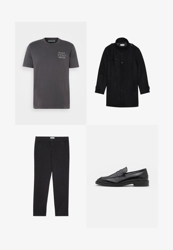 Black wool coat with a high collar, buttoned front, two side pockets, and button accents on sleeves. Minimalist design and smooth texture.; Dark gray cotton t-shirt with short sleeves, crew neck, and front print featuring "MARC O'POLO DENIM" in white. Smooth texture, casual fit.; Black cotton trousers with a slim fit, featuring two side pockets and a front button closure. Textured fabric with subtle detailing.; Black leather loafers with a smooth finish, featuring a rounded toe and a narrow band across the upper. Low stacked heel.