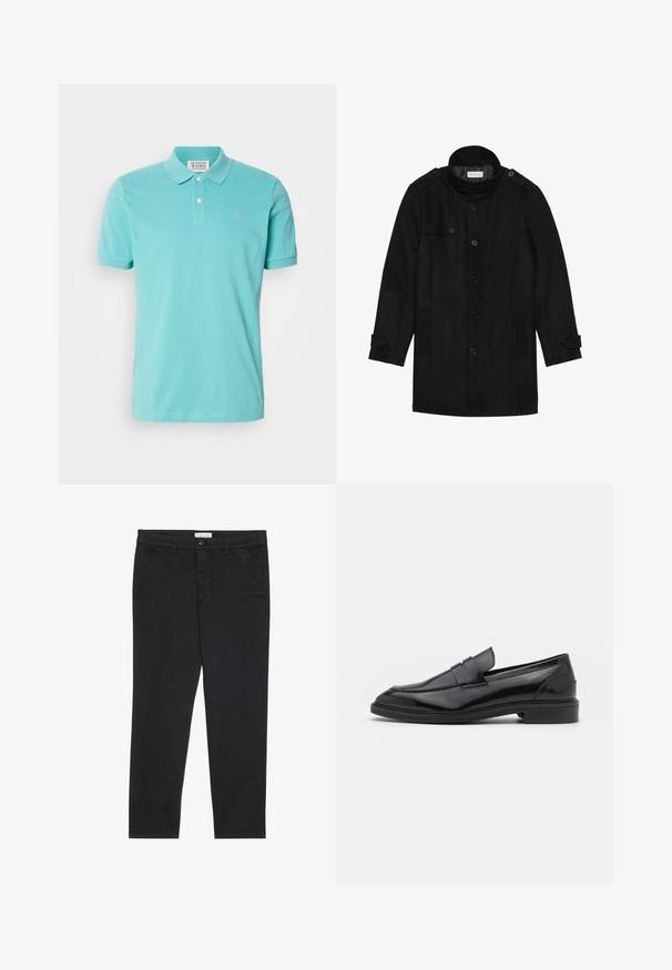 Svart ullfrakk med høy krage, knappet front, to sidelommer og knappeaksenter på ermene. Minimalistisk design og glatt tekstur.; Tyrkis polo skjorte, bomullsmateriale, korte ermer, to-knappsklipp, subtilt brodert logo på brystet, glatt tekstur.; Sorte bomullbukser med smal passform, med to sidelommer og knappelukking foran. Teksturert stoff med subtile detaljer.; Sorte skinnloafers med en glatt overflate, med rund tå og en smal band over vristen. Lavt stablet hæl.