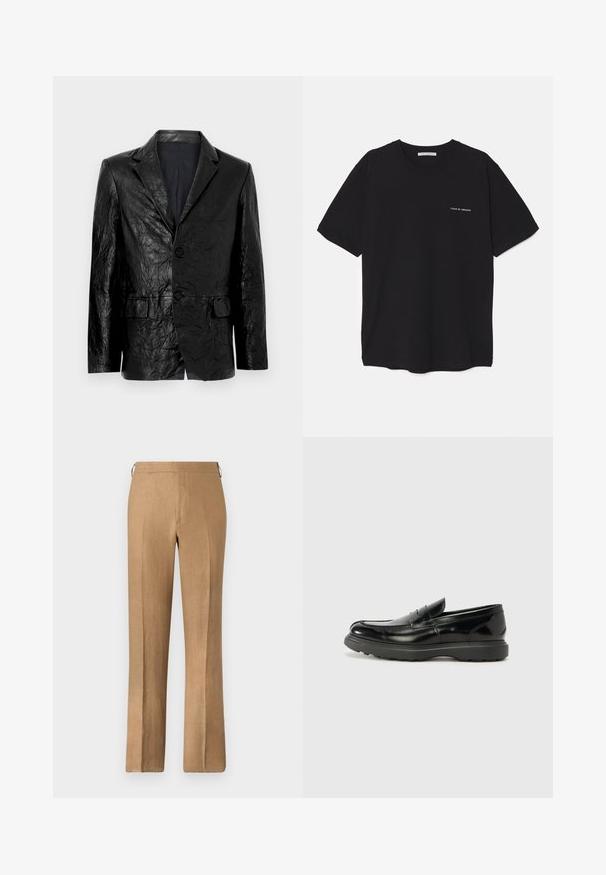Black, crinkled blazer with a notch lapel, two buttons, and two front pockets. Smooth interior lining. Structured, tailored design.; Black cotton T-shirt with a crew neck, short sleeves, and a white logo print on the left chest. Simple, solid color design.; Brown linen trousers with a straight leg design, featuring a smooth texture, concealed waistband, and no visible pockets.; Black leather loafer with a glossy finish, rounded toe, subtle stitching details, and a thick rubber sole for durability.