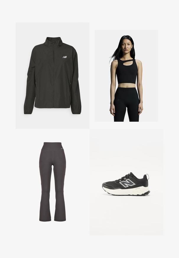 Fekete, könnyű, cipzáras dzseki álló gallérral, elasztikus mandzsettákkal, oldalsó zsebekkel és egy kis fehér New Balance logóval a mellkason.; Fekete rövidített sporttop, kör alakú kivágással, sima anyagból készült. Vastag pántos kialakítással rendelkezik, és a magas derekú fekete leggings felett helyezkedik el.; Fekete színű, széles derékpánttal ellátott, fekete, bordázott leggings, rugalmas anyagból készült; sima textúrával és finom hímezett részletekkel.; Fekete sportcipők texturált szövet felsőrésszel, kontrasztos fehér középtalppal és feltűnő szürke logóval az oldalán. Gumi talp, amely tapadást biztosít.