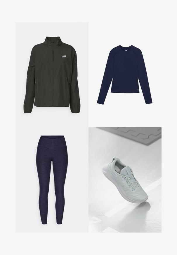 Mustat kevyt vetoketjuhuppari, jossa on pystykaulus, elastiset hihansuut, sivutaskut ja pieni valkoinen New Balance -logo rinnassa.; Meri panjang navy terbuat dari kain elastis, menampilkan kerah bulat, lengan raglan, dan logo kecil di dekat hem.; Lega olahraga navy blue terbuat dari kain tekstur yang dapat melar dengan pinggang tinggi dan jahitan halus untuk kenyamanan dan kesesuaian.; Vaaleanharmaa urheilujalkine, jossa on teksturoitu verkko-osa, nauhoilla suljettava malli, pehmustettu pohja ja vähäinen brändäys.