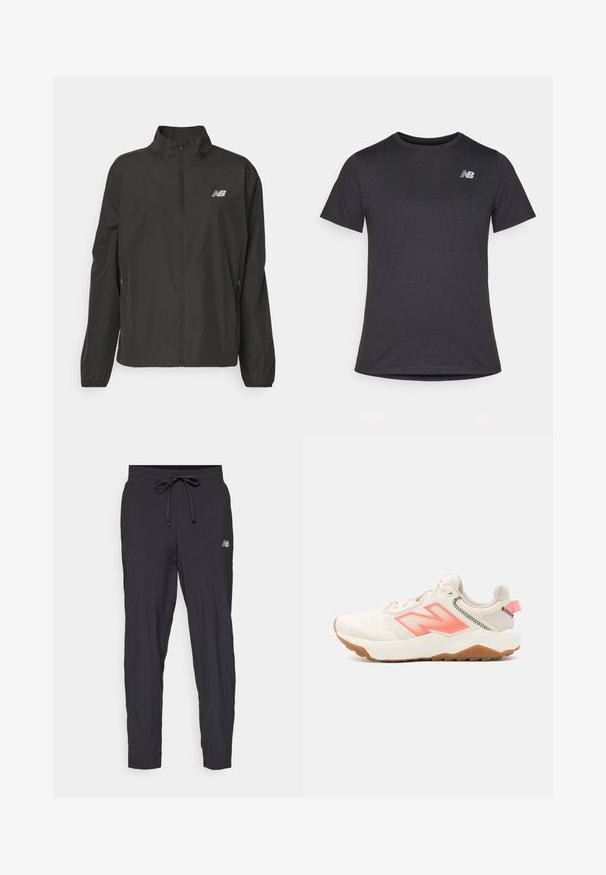 Giacca leggera nera con zip e colletto alto, polsini elasticizzati, tasche laterali e piccolo logo New Balance bianco sul petto.; T-shirt nera a maniche corte realizzata in tessuto morbido, con un piccolo logo grigio New Balance posizionato sulla parte superiore sinistra del petto, design classico con girocollo.; Pantaloni sportivi neri realizzati in materiale leggero con vita elasticizzata e cordoncino regolabile. Presentano un piccolo logo sul lato.; Scarpa sportiva beige con tomaia testurizzata, dettagli rosa e suola in gomma chiara. Presenta un logo 'N' prominente e un design leggero e imbottito.