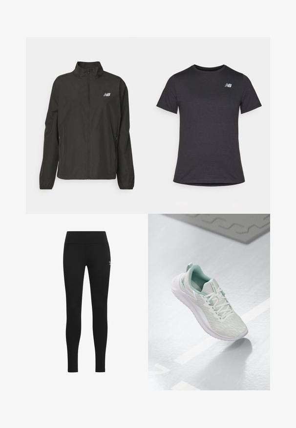 Chaqueta negra ligera con cremallera y cuello alto, puños elásticos, bolsillos laterales y pequeño logo blanco de New Balance en el pecho.; Camiseta negra de manga corta hecha de una tela suave, con un pequeño logotipo gris de New Balance en la parte superior izquierda del pecho, diseño clásico de cuello redondo.; Leggings negras hechos de un material elástico con una textura suave, con una cinturilla ancha y un pequeño logo cerca de la cadera.; Zapatilla atlética gris claro con parte superior de punto texturizado, detalles en verde menta, cordones blancos, suela de goma y tira en el talón.
