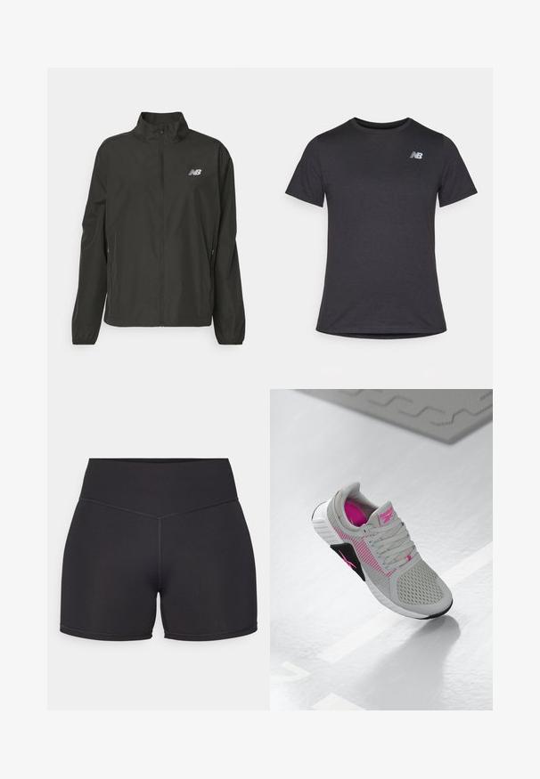 Sort letvægts zip-jakke med stående krave, elastiske manchetter, sidelommer og lille hvidt New Balance-logo på brystet.; Sort kortærmet t-shirt lavet af blødt stof, med et lille gråt New Balance-logo på den øverste venstre bryst, klassisk crew neck design.; Sorte atletiske shorts med høj talje, lavet af strækbart materiale. Har flade sømme og en glat overflade for komfort.; Grå og pink Reebok sportssko med mesh-overdel og detaljeret sål, vist på en reflekterende hvid overflade.