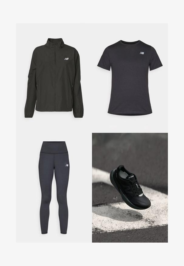 Juodas lengvas užtrauktukas striukė su stovinčiu gaubtu, elastinėmis rankovėmis, šoninėmis kišenėmis ir maža balta New Balance logotipu ant krūtinės.; Juodas trumpomis rankovėmis marškinėliai, pagaminti iš minkštos medžiagos, su mažą pilką New Balance logotipą viršutiniame kairiajame krūtinės srityje, klasikinio apvalaus iškirpimo dizainas.; Juodos sportinės džinsai su aukštu liemeniu ir elastinga medžiaga. Ant kairiojo šono yra mažas baltas logotipas ir plokščios siūlės.; Juodas bėgimo batelis su tekstūruotu viršumi, elegantišku dizainu ir atspindinčiomis detalėmis. Yra minkštas, paminkštintas padas patogumui.
