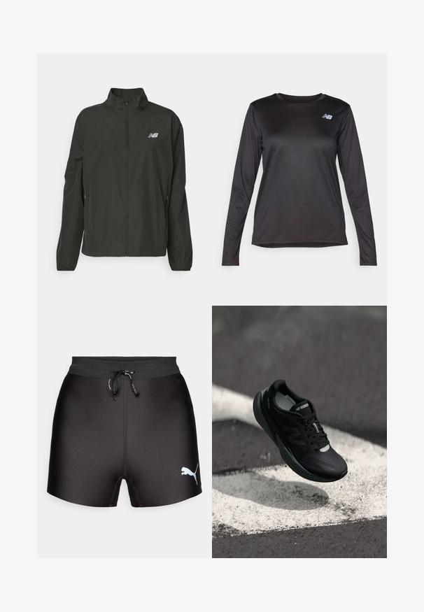 Čierna ľahká zipová bunda s vysokým golierom, elastickými manžetami, bočnými vreckami a malým bielym logom New Balance na hrudi.; Čierne športové tričko s dlhým rukávom vyrobené z hladkého, ľahkého materiálu, ktoré má jemnú textúru a malé logo na hrudi.; Čierne športové šortky s hladkou textúrou, elastickým pásom, šnúrkou a bielym logom Puma na pravej strane.; Čierne bežecké topánky s textúrovaným zvrškom, štíhlym dizajnom a reflexnými detailmi. Obsahujú mäkkú, odpruženú podrážku pre maximálne pohodlie.