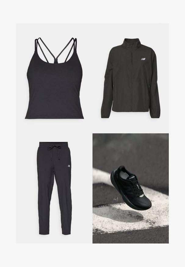 Schwarze leichte Zip-Jacke mit Stehkragen, elastischen Bündchen, seitlichen Taschen und kleinem weißen New Balance-Logo auf der Brust.; Schwarzes Tanktop mit dünnen Trägern und einem überkreuzten Design auf der Rückseite. Hergestellt aus weichem, dehnbarem Material mit einer figurbetonten Silhouette.; Schwarze Jogginghosen aus leichtem Material mit elastischem Bund und verstellbarem Kordelzug. Verfügt über ein kleines Logo an der Seite.; Schwarzer Laufschuh mit strukturiertem Obermaterial, schlankem Design und reflektierenden Akzenten. Verfügt über eine weiche, gepolsterte Sohle für Komfort.