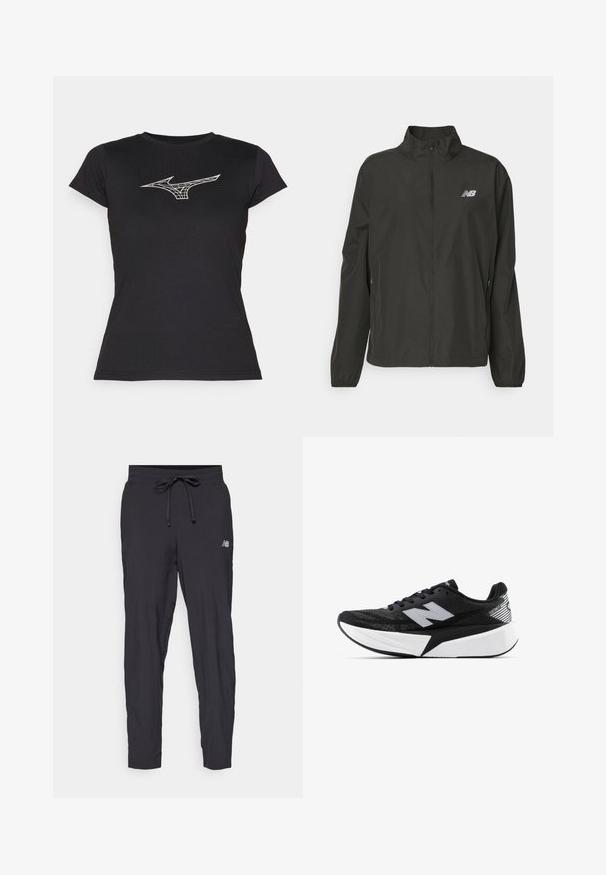 Juodas lengvas užtrauktukas striukė su stovinčiu gaubtu, elastinėmis rankovėmis, šoninėmis kišenėmis ir maža balta New Balance logotipu ant krūtinės.; Juodas trumpas rankovėmis marškinėliai, pagaminti iš medvilnės, su baltu geometriniu Mizuno logotipu priekyje. Klasikinio apvalaus kaklo dizainas.; Juodi sportiniai kelnaičiai, pagaminti iš lengvo audinio, su elastingu juosmeniu ir reguliuojamu raišteliu. Šone yra mažas logotipas.; Juodai balta New Balance bėgimo batai su storesne pado dalimi, tinklinė viršutinė dalis ir "N" logotipas šone, matoma iš išorinės pusės.