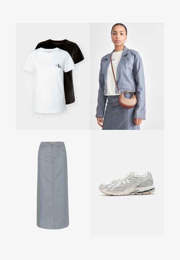 Krátká džínová bunda v světle modré barvě, s klopovým límcem, předními kapsami a stříbrnými knoflíky. Hladká látka s viditelným švem.; Bílá bavlněná mikina s kulatým výstřihem, spadlá ramena, žebrované manžety a vyšitým logem "Boss" v černé barvě na hrudi.; Dvě trička s krátkým rukávem v bílé a černé barvě, vyrobená z bavlny. Bílé tričko má malé logo CK na levé části hrudi.; Džínová sukně světle modré barvy, délky po kolena, se střihem do rovna, pěti kapsami, zapínáním na knoflík a kontrastním stehem.; Běžecká obuv má stříbrno-bílou síťovou svrchní část s zeleným akcentem. Podešev je robustní a texturovaná, navržená pro tlumení a podporu.; Malá hnědá a béžová kabelka s klasickým vzorem loga, zlatými kovovými prvky a zakřiveným tvarem, kombinovaná s džínovou bundou a sukní.