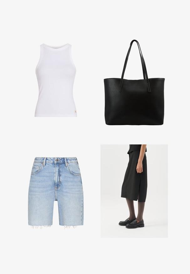 Melnā denima jaka ar apkakles kaklu, pogu aizdari, diviem krūšu kabatām un nedaudz nolietotu tekstūru. Klasisks dizains ar pielāgotu siluetu.; Calvin Klein Jeans LABEL TANK - Tops - bright white; QS BERMUDA HIGH RISE - Džinsa auduma šorti - blau; Melna ceļa garuma svārki ar sānu šķēlumu, kombinēti ar melniem mokasīniem un caurspīdīgām brūnām zeķbiksēm, izceļoties ar gludu audumu un vienkāršu dizainu.; Melnā auduma soma ar teksturētu ādas ārpusi, augsta taisnstūrveida forma, divas garas rokturi un atvērtā augšdaļa. Redzama aparatūra nav.