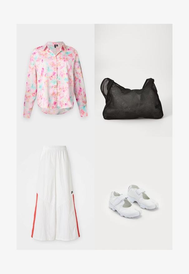 Jachetă albă tip windbreaker cu dungi verticale roșii și tiv cu șnur. Dispune de un guler în picioare și fermoar frontal. Logo-ul Nike pe piept.; Cămașă cu nasturi dintr-un material ușor, cu un model floral în nuanțe de roz, albastru și galben. Mâneci lungi cu tiv rotunjit.; Pantaloni albi, cu picioare largi și talie elastică, având panouri laterale roșii și un mic logo negru pe partea stângă. Material texturat.; Pantofi sport albi cu un superior texturat, curea ajustabilă cu Velcro, vârf rotund și o talpă groasă cu un model de rulare distinct.; Geantă din plasă neagră cu o suprafață moale, texturată și formă rotundă. Are două mânere și un interior spațios. Design ușor și respirabil.
