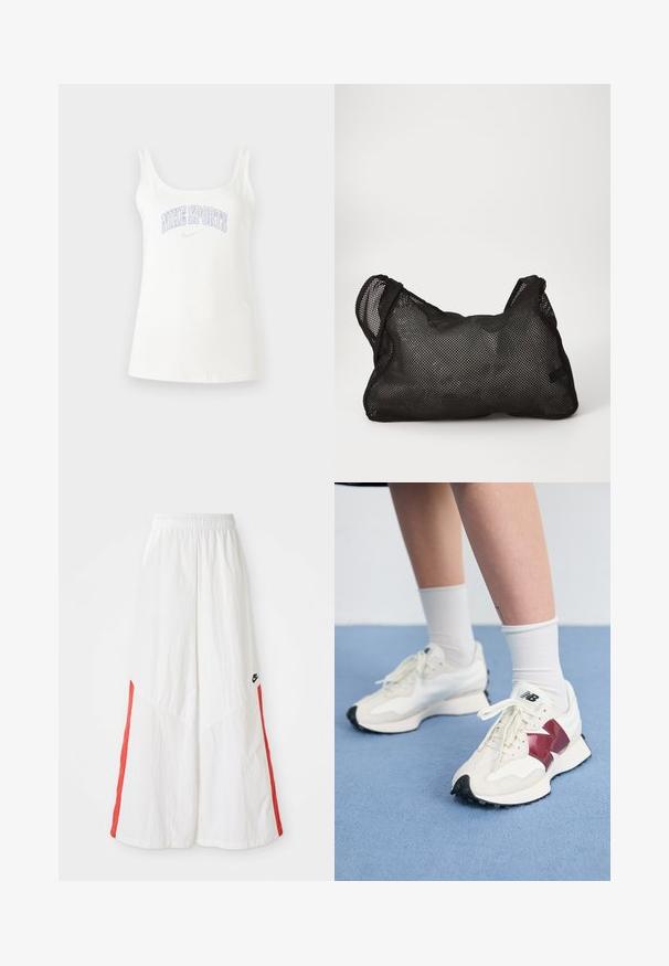 Baltas vėjai atsparus džemperis su raudonomis vertikaliomis juostelėmis ir raišteliu apatine dalimi. Turi stovintį apykaklę ir priekinį užtrauktuką. Nike logotipas ant krūtinės.; Balta medvilnės mišinio liemenėlė, su plačiomis petnešomis ir šviesiai purpuriniu „NIKE SPORTS“ grafikiniu užrašu krūtinėje. Lygi tekstūra.; Balti platūs kelnės su elastine juosmeniu, turinčios raudonus šoninius intarpus ir mažą juodą logotipą kairėje pusėje. Tekstūruota medžiaga.; Balti sportbačiai su bordo akcentais, tekstūriniais paviršiais, plokščiomis juodomis pado dalimis ir šviesiomis raišteliais, dėvimi su baltais kulkšnų ponoškais.; Juodas tinklinis maišelis su minkšta, tekstūrine danga ir apvalia forma. Turi dvi rankenas ir erdvų vidų. Lengvas ir pralaidus orui dizainas.