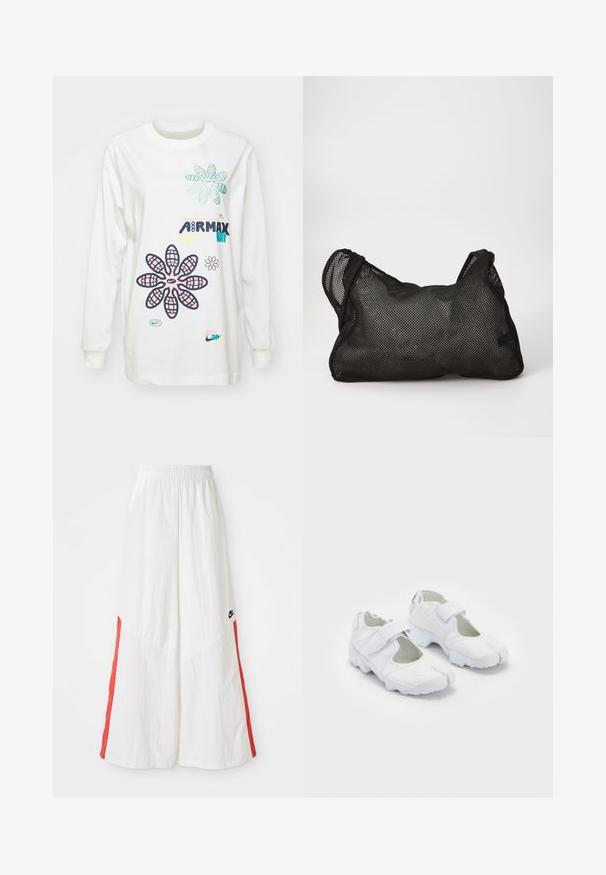 Valkoinen tuulitakki punaisilla pystysuorilla raidoilla sekä kiristettävällä helmalla. Takissa on pystykaulus ja etuvetoketju. Nike-logo rinnassa.; Valkoinen pitkähihainen T-paita, jossa on värikkäitä kukkakuoseja ja bränditekstiä. Pehmeää kangasta, rento leikkaus, pyöreä pääntie ja pitkät hihat.; Valkoiset leveät housut, joissa on elastinen vyötärö, punaiset sivupaneelit ja pieni musta logo vasemmalla puolella. Teksturoitu kangas.; Valkoiset urheilukengät, joissa on teksturoitu päällinen, säädettävä tarranauha, pyöreä kärki ja paksu pohja, jossa on selkeä uramalli.; Musta verkkokassi, jossa on pehmeä, tekstuuripintainen ja pyöreä muoto. Varustettu kahdella kahvalla ja tilavalla sisätilalla. Kevyt ja hengittävä muotoilu.