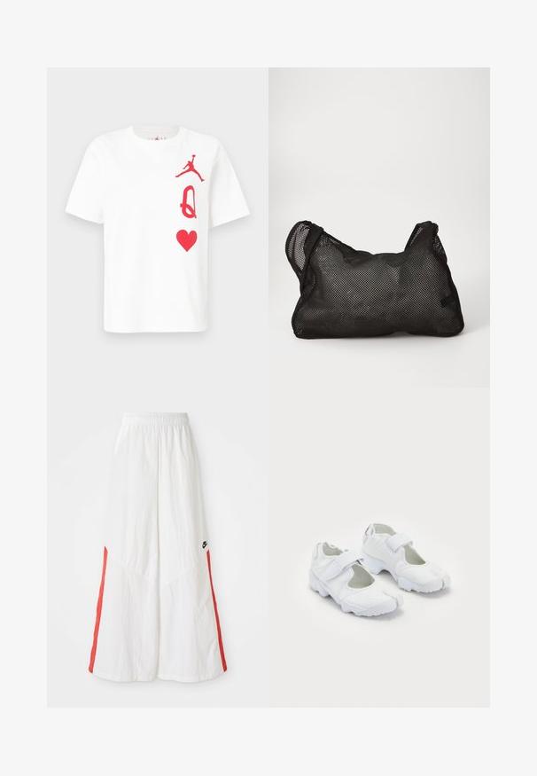 Jachetă albă tip windbreaker cu dungi verticale roșii și tiv cu șnur. Dispune de un guler în picioare și fermoar frontal. Logo-ul Nike pe piept.; Tricou din bumbac alb cu un logo Jordan roșu, un "Q" roșu și un grafic cu inimă roșie pe partea din față. Mâneci scurte și decolteu rotund.; Pantaloni albi, cu picioare largi și talie elastică, având panouri laterale roșii și un mic logo negru pe partea stângă. Material texturat.; Pantofi sport albi cu un superior texturat, curea ajustabilă cu Velcro, vârf rotund și o talpă groasă cu un model de rulare distinct.; Geantă din plasă neagră cu o suprafață moale, texturată și formă rotundă. Are două mânere și un interior spațios. Design ușor și respirabil.